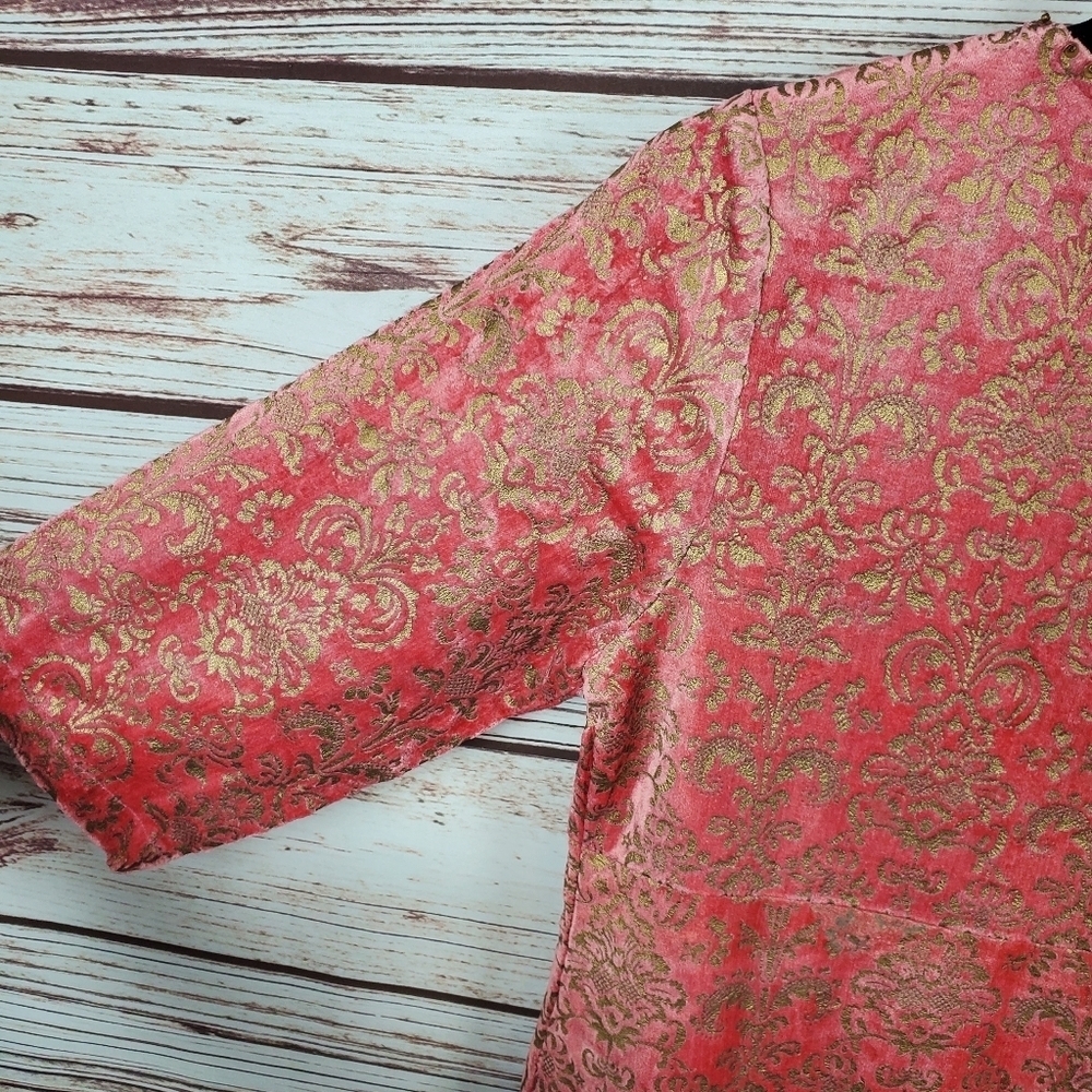 NWT April Cornell Womens XS Salmon/Gold Velvet Damask Embossed 3/4 Sleeve Dress - Picture 11 of 11
